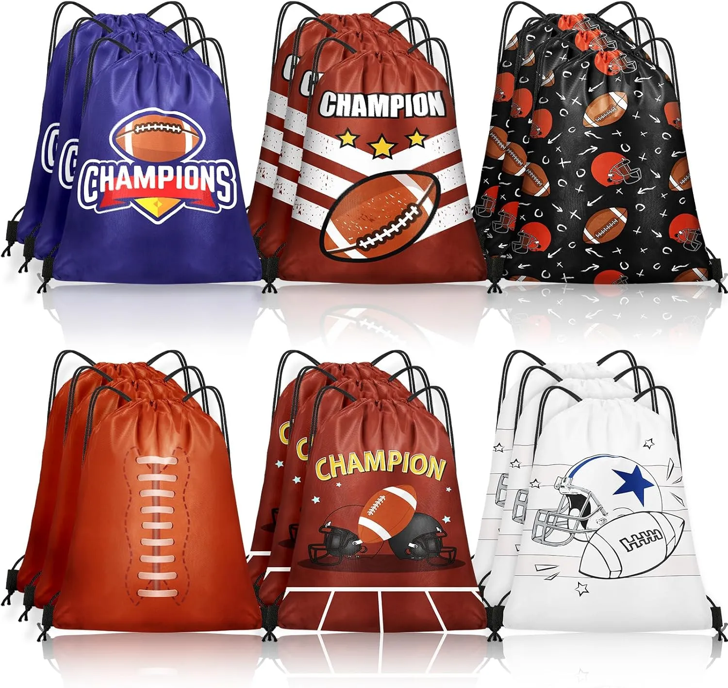 Grneric 18 Pcs Small Basketball Football Baseball Drawstring Bags Bulk Candy Bags Party Goodie Favor Drawstring Gift Bags for Sports Teams (Football)