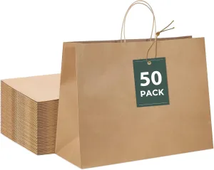 GSSUSA 16x6x12 Large Brown Paper Bags with Handles 50Pcs, Kraft Paper Gift Bags Bulk Bags for Small Business, Grocery & Retail, Boutique Shopping, Merchandise Packaging