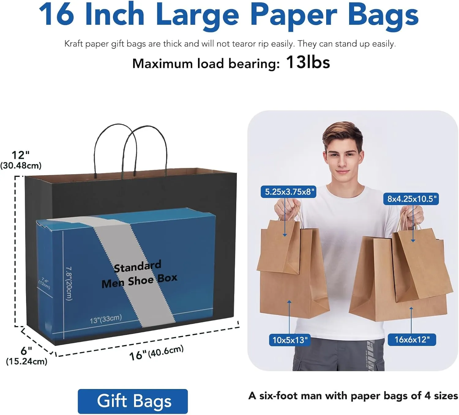 GSSUSA Gift Bags Large with Handles 16x6x12 Black 50Pcs, Kraft Paper Bags Bulk for Small Business, Paper Shopping, Grocery, Shopping bag for Boutique, Merchandise