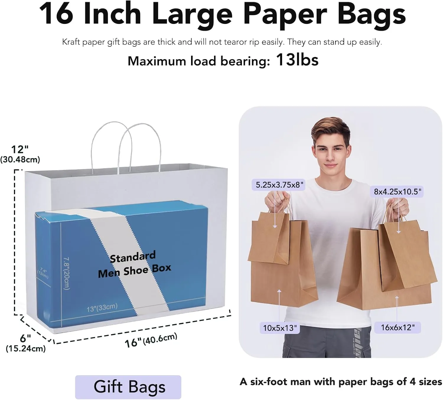 GSSUSA Large Paper Bags with Handles16x6x12 White 50Pcs, Kraft Paper Shopping Bags Bulk for Small Business, Valentines Day, Grocery, Boutique, Merchandise