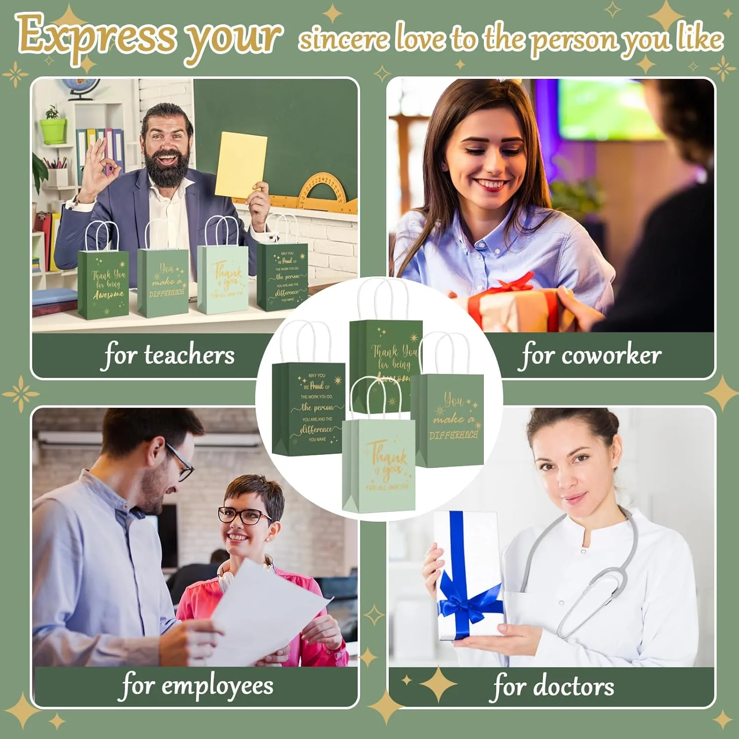 Gueevin 40 Pcs Teacher Employee Appreciation Bulk Thank You Gifts Paper Bags for Nurse Week Mother's Day CNA Week Gift Graduation Appreciation Inspirational Gift(Sage Green)