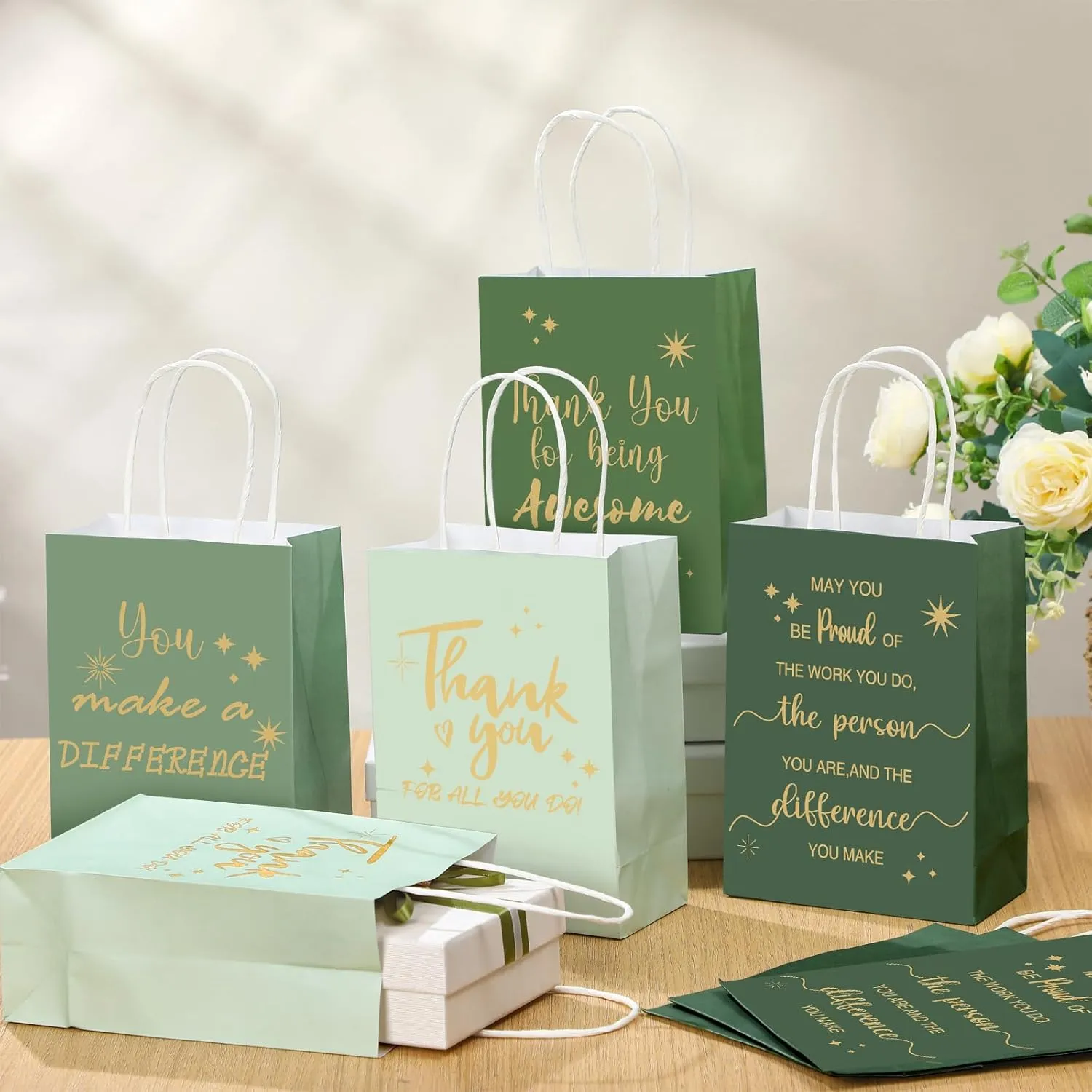 Gueevin 40 Pcs Teacher Employee Appreciation Bulk Thank You Gifts Paper Bags for Nurse Week Mother's Day CNA Week Gift Graduation Appreciation Inspirational Gift(Sage Green)