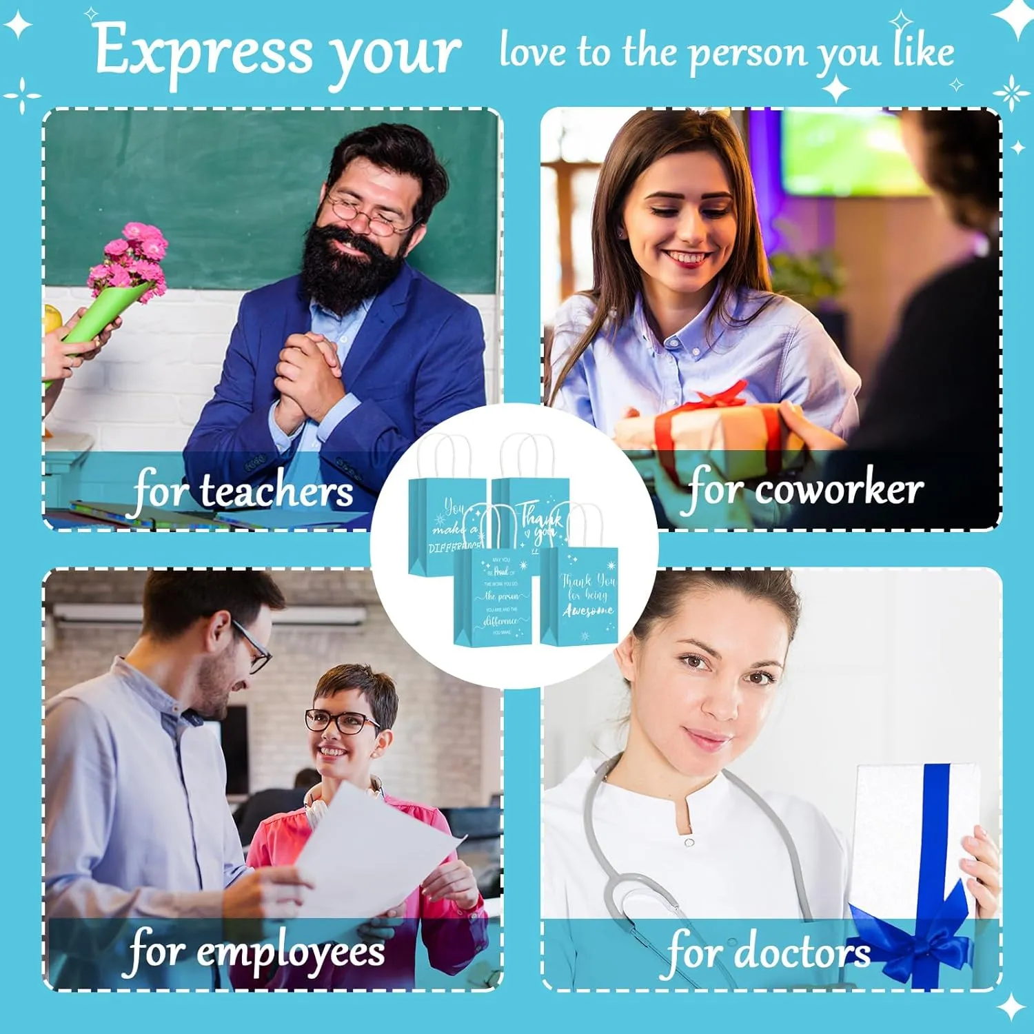 Gueevin 40 Pcs Teacher Employee Appreciation Bulk Thank You Gifts Paper Bags for Nurse Week Mother's Day CNA Week Gift Graduation Appreciation Inspirational Gift(Turquoise)