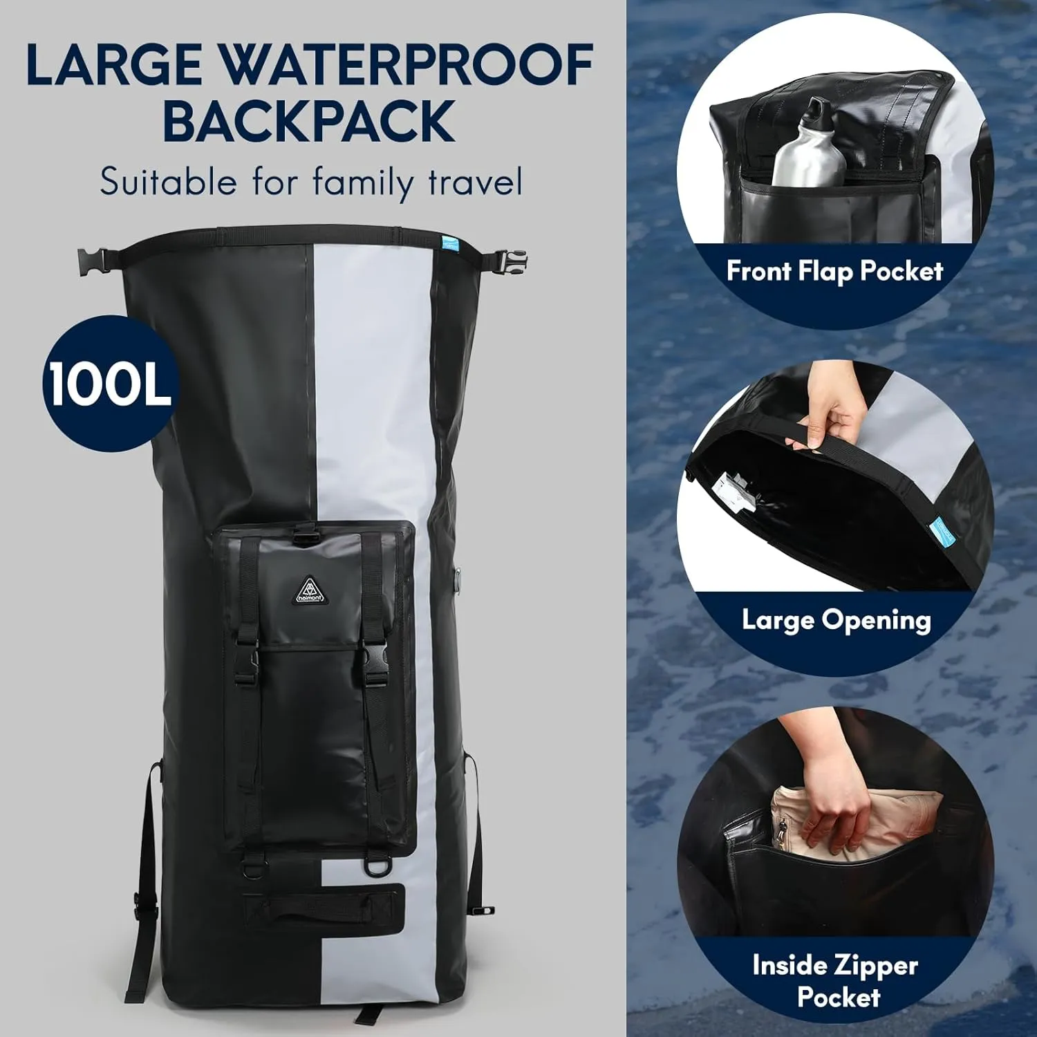 Haimont 100% Waterproof Roll-Top Backpack Heavy Duty Large Capacity IPX7 Dry Bag for Kayaking Rafting SUP Camping, 60/100L