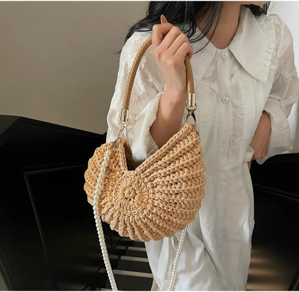 Handwoven Seashell Hobo Bags Women Crochet Summer Beach Bag Boho Knitted Evening Clutch Purses Hobo Crossbody Shoulder Bag