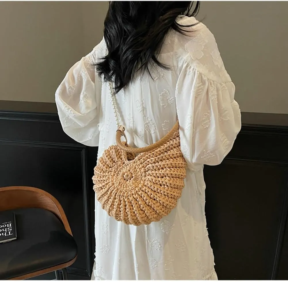 Handwoven Seashell Hobo Bags Women Crochet Summer Beach Bag Boho Knitted Evening Clutch Purses Hobo Crossbody Shoulder Bag