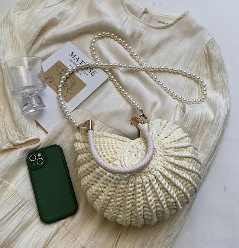 Handwoven Seashell Hobo Bags Women Crochet Summer Beach Bag Boho Knitted Evening Clutch Purses Hobo Crossbody Shoulder Bag