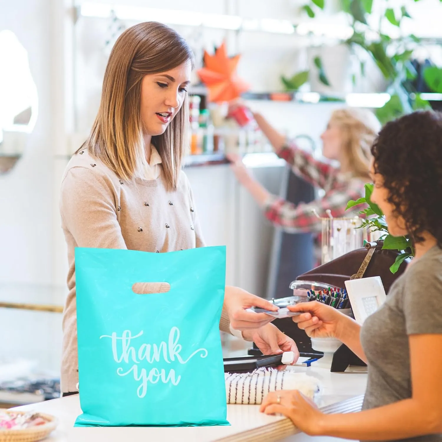 Heran 100PCS Turquoise Large Thank You Bags for Business Small, 12x15In Shopping Bags for Clothes Boutique Gift, Plastic Retail Merchandise Bag, Reusable Goodie Bag Bulk for Store Party Small Business