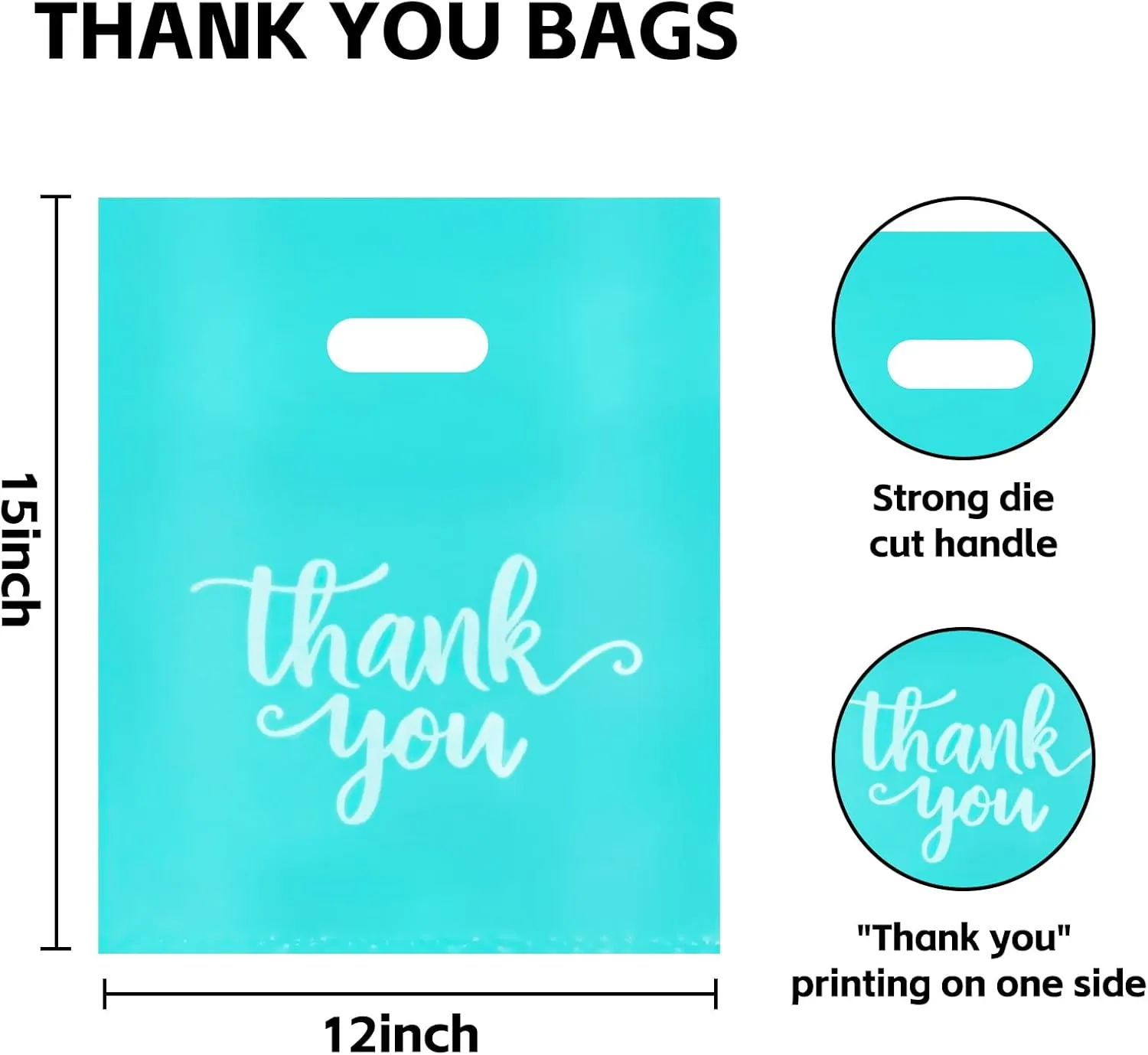 Heran 100PCS Turquoise Large Thank You Bags for Business Small, 12x15In Shopping Bags for Clothes Boutique Gift, Plastic Retail Merchandise Bag, Reusable Goodie Bag Bulk for Store Party Small Business