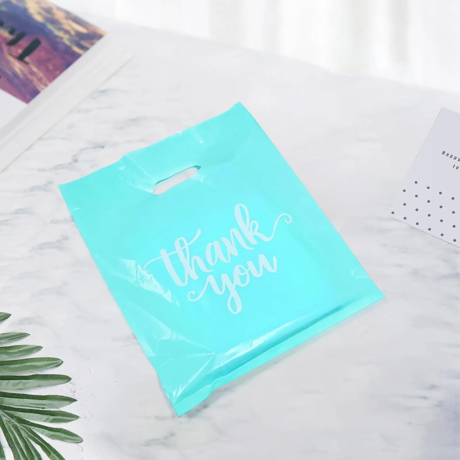 Heran 100PCS Turquoise Large Thank You Bags for Business Small, 12x15In Shopping Bags for Clothes Boutique Gift, Plastic Retail Merchandise Bag, Reusable Goodie Bag Bulk for Store Party Small Business