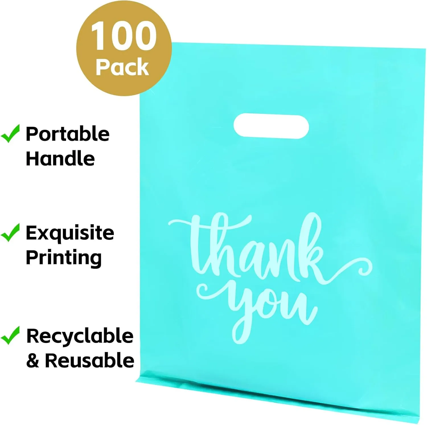 Heran 100PCS Turquoise Large Thank You Bags for Business Small, 12x15In Shopping Bags for Clothes Boutique Gift, Plastic Retail Merchandise Bag, Reusable Goodie Bag Bulk for Store Party Small Business