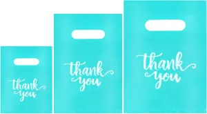 Heran 200PCS Thank You Bags for Business Small, Turquoise Sales Bag for Small Business Clothes Boutique Gift, 3 Sizes Plastic Retail Grocery Shopping Bags, Reusable Goodie Bag Bulk for Store Party Purchase