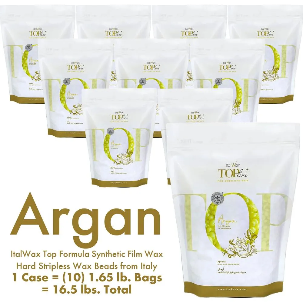 ItalWax Top Formula Synthetic Film Wax - Argan - Hard Stripless Wax Beads from Italy / 1 Case = (10) 1.65 lb. Bags = 16.5 lbs. Total