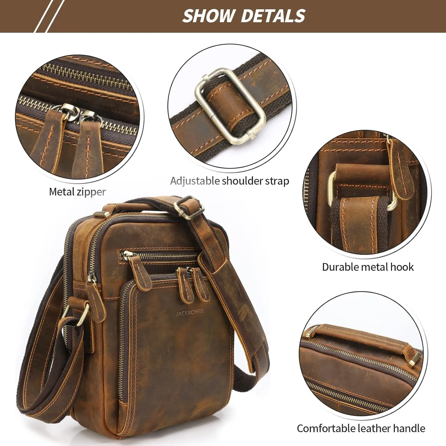 Jack&Chris Leather Messenger Bag for Men, Man Purse Crossbody Bags for Work Business