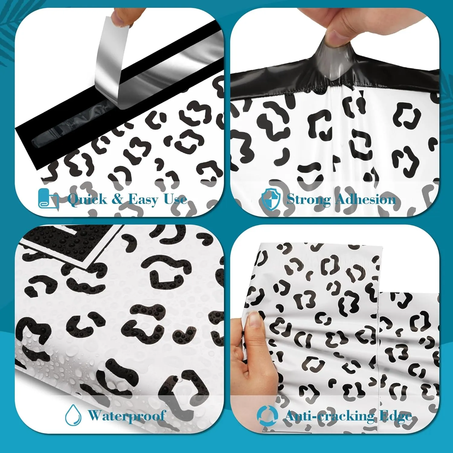 JinRuiKJ Poly Mailers with Handle 10x13 Inch 100 Pcs, Easy to Carry Packaging Bags for Small Business, Thank You Shipping Bags with Self Adhesive Strip, Tearproof and Waterproof - Black leopard
