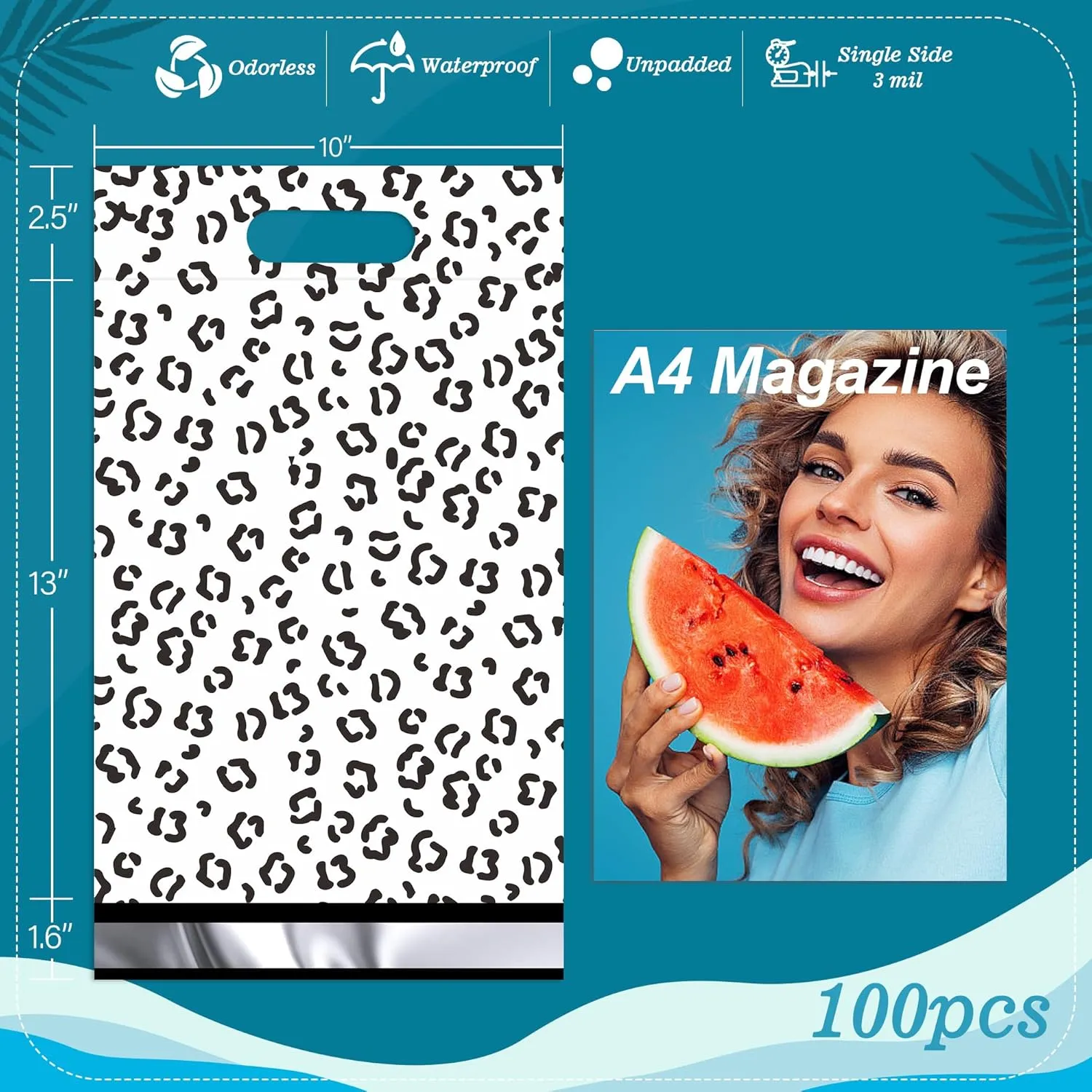 JinRuiKJ Poly Mailers with Handle 10x13 Inch 100 Pcs, Easy to Carry Packaging Bags for Small Business, Thank You Shipping Bags with Self Adhesive Strip, Tearproof and Waterproof - Black leopard