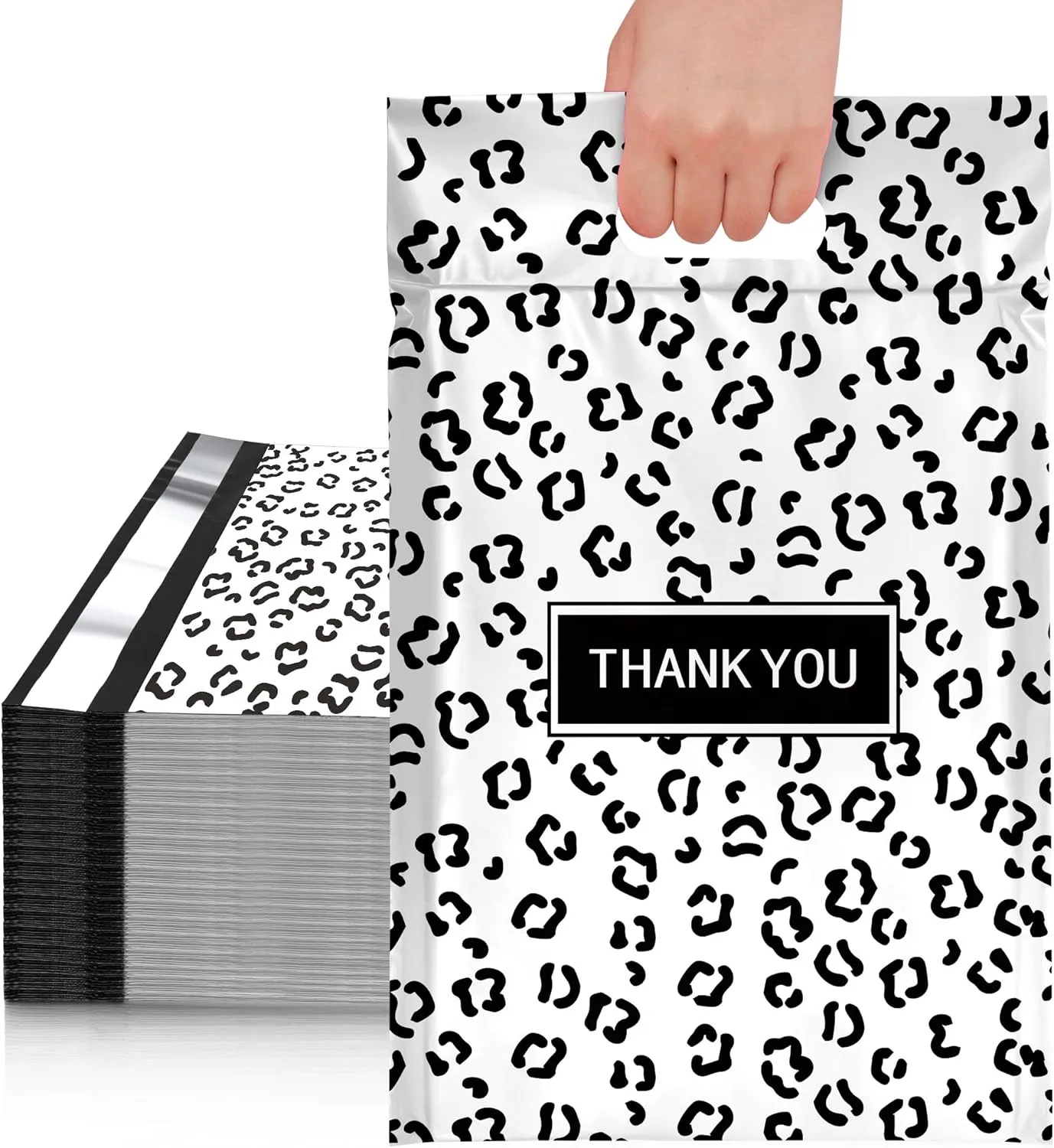 JinRuiKJ Poly Mailers with Handle 10x13 Inch 100 Pcs, Easy to Carry Packaging Bags for Small Business, Thank You Shipping Bags with Self Adhesive Strip, Tearproof and Waterproof - Black leopard