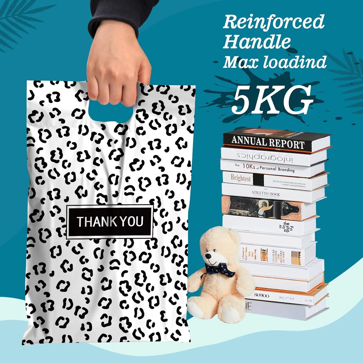 JinRuiKJ Poly Mailers with Handle 10x13 Inch 100 Pcs, Easy to Carry Packaging Bags for Small Business, Thank You Shipping Bags with Self Adhesive Strip, Tearproof and Waterproof - Black leopard