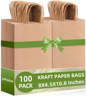 Johuivo 100 Pack Brown Paper Bags with Handles, Kraft Shopping Bag Bulk Brown Gift Bags with Handles for Retail, Party, Birthday, Festival Favors & Merchandise Packaging, 8x4.5x10.8 Inches Medium