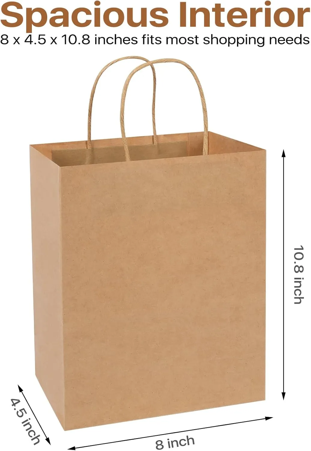 Johuivo 100 Pack Brown Paper Bags with Handles, Kraft Shopping Bag Bulk Brown Gift Bags with Handles for Retail, Party, Birthday, Festival Favors & Merchandise Packaging, 8x4.5x10.8 Inches Medium