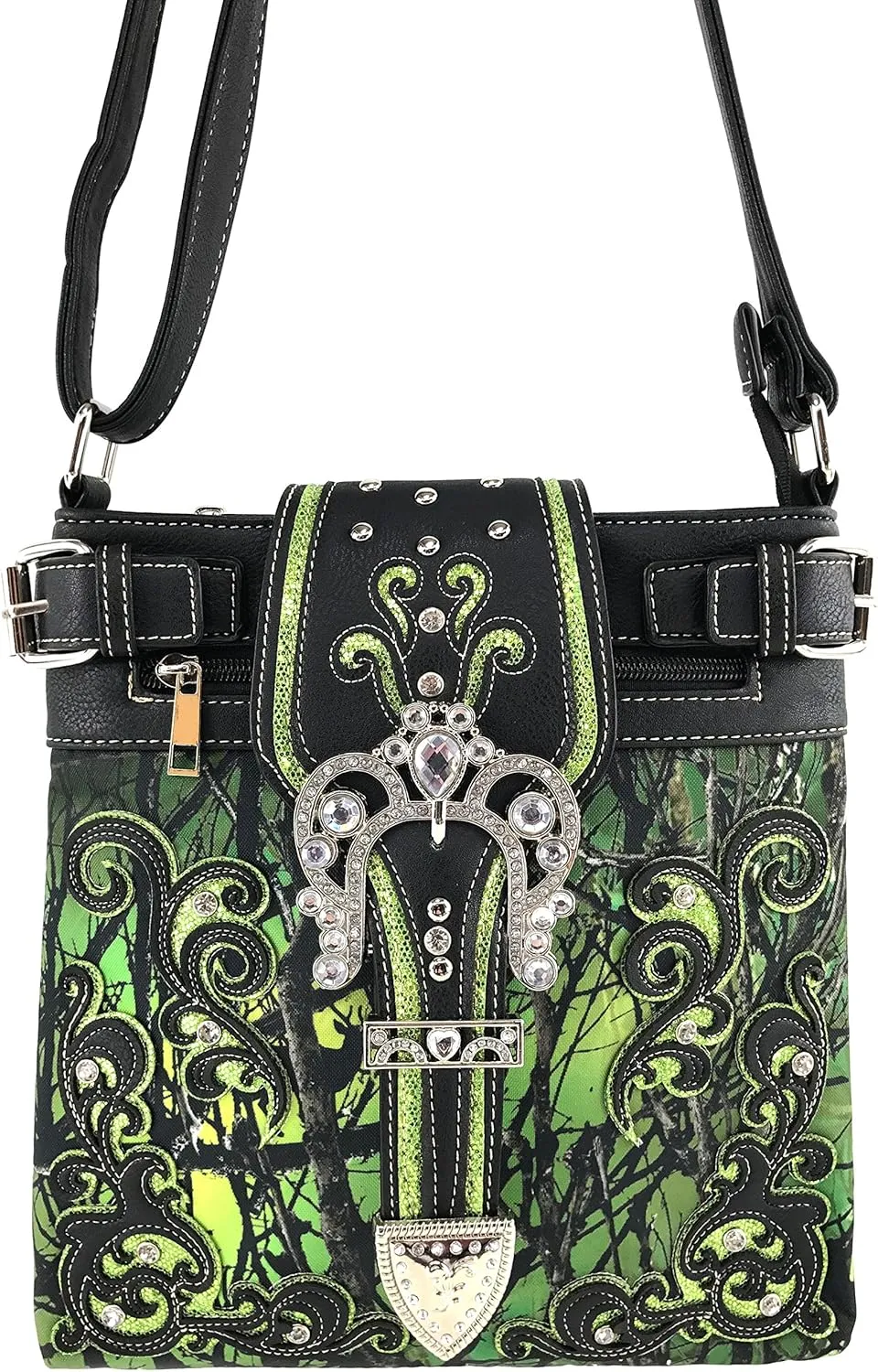 Justin West Camouflage Tree Branches Bling Rhinestone Cross Wings Handbag Purse Messenger Bags and Wallets