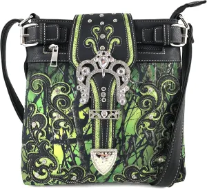 Justin West Camouflage Tree Branches Bling Rhinestone Cross Wings Handbag Purse Messenger Bags and Wallets