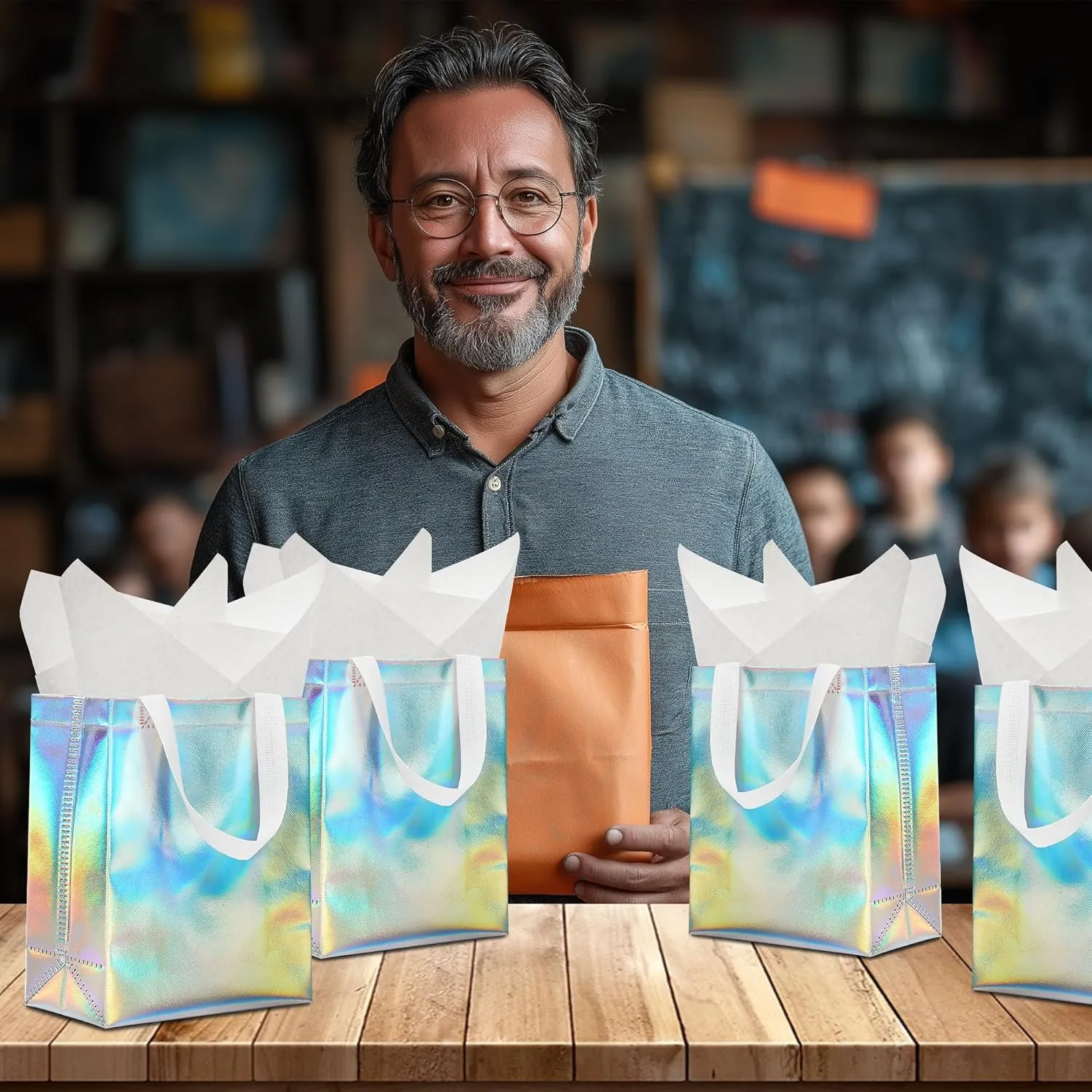 KeerxunBag 12pcs Reusable Gift Bags（Includes Tissue Paper） Gift bag with handle Birthdays Parties Holidays Weddings Medium 10x4x8in holographic Gift Bags