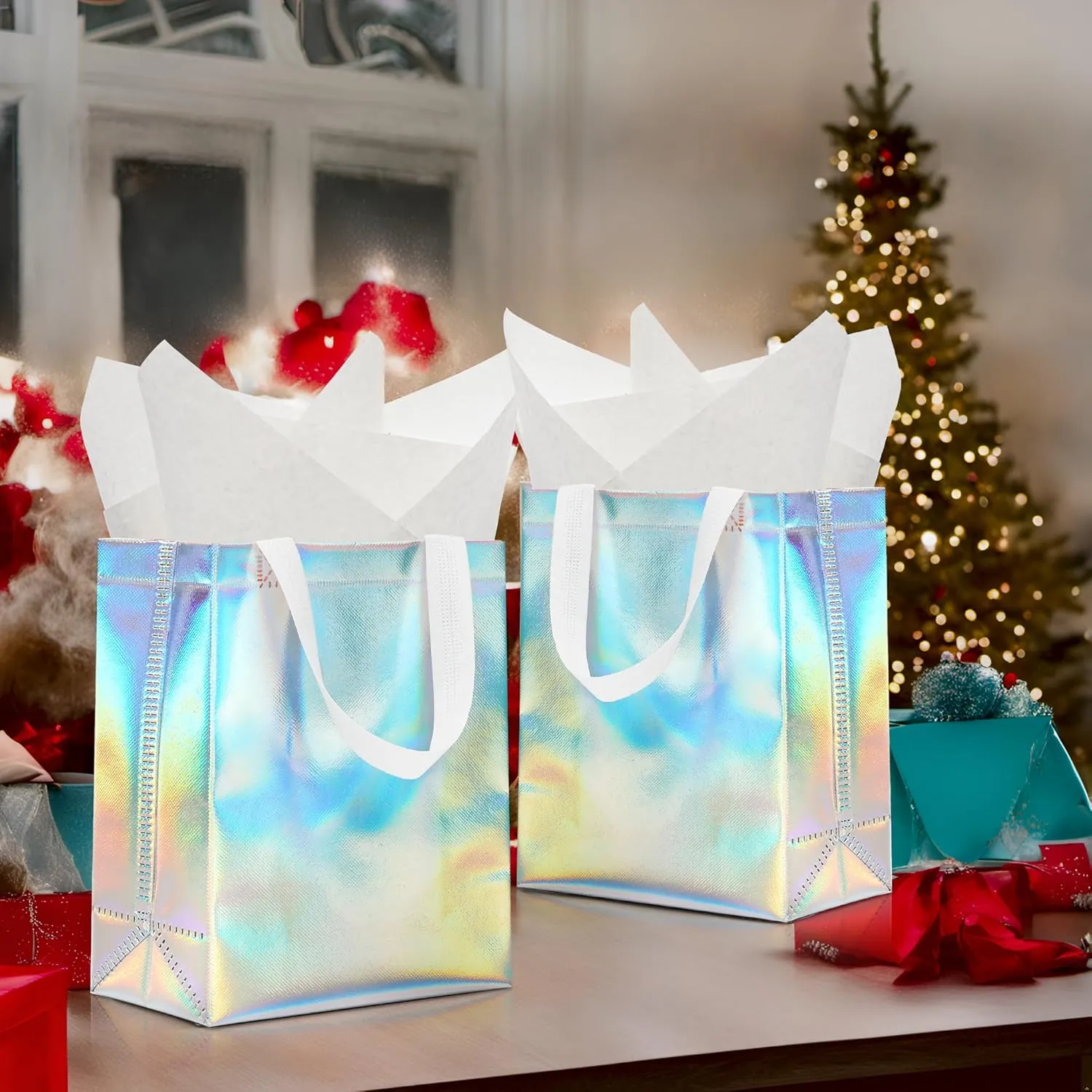 KeerxunBag 12pcs Reusable Gift Bags（Includes Tissue Paper） Gift bag with handle Birthdays Parties Holidays Weddings Medium 10x4x8in holographic Gift Bags