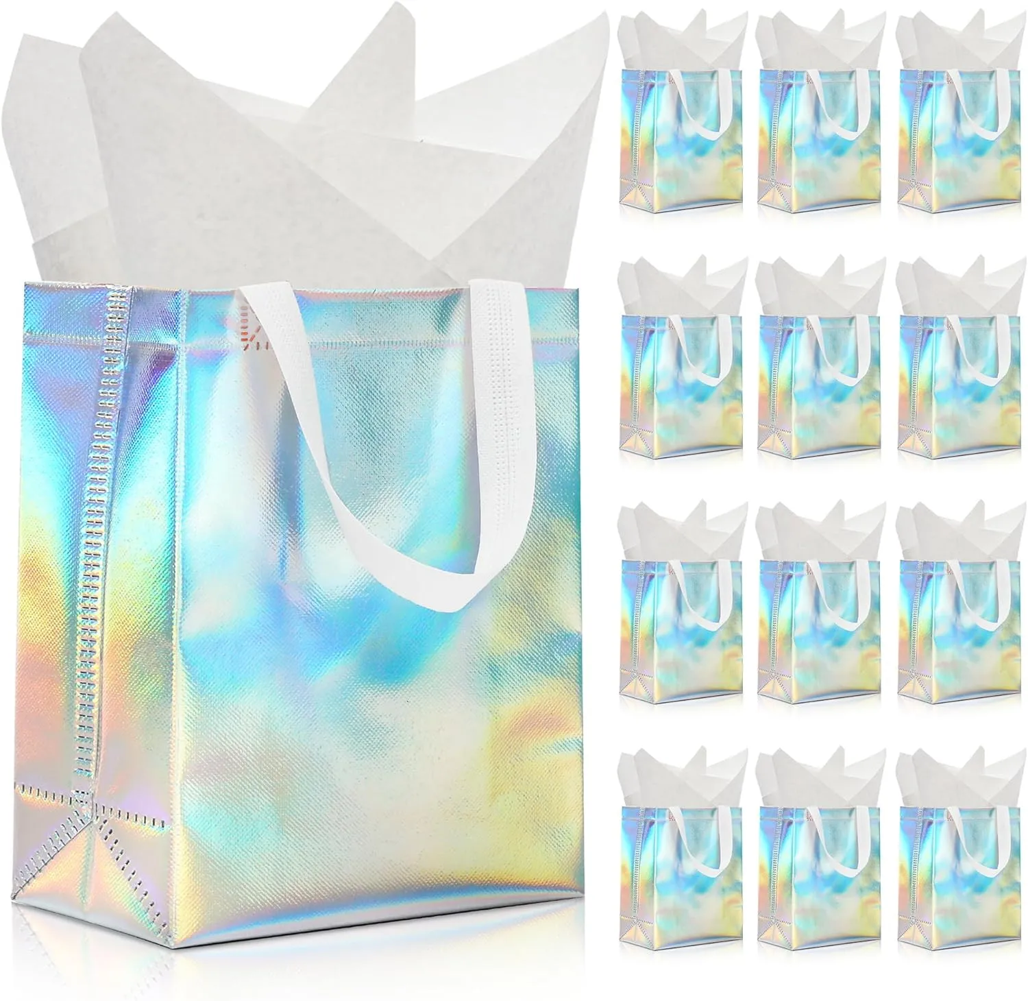 KeerxunBag 12pcs Reusable Gift Bags（Includes Tissue Paper） Gift bag with handle Birthdays Parties Holidays Weddings Medium 10x4x8in holographic Gift Bags
