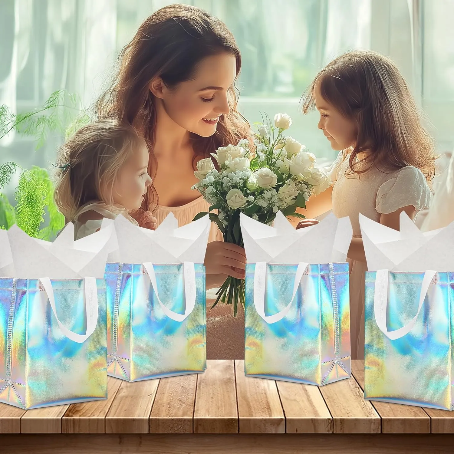 KeerxunBag 12pcs Reusable Gift Bags（Includes Tissue Paper） Gift bag with handle Birthdays Parties Holidays Weddings Medium 10x4x8in holographic Gift Bags