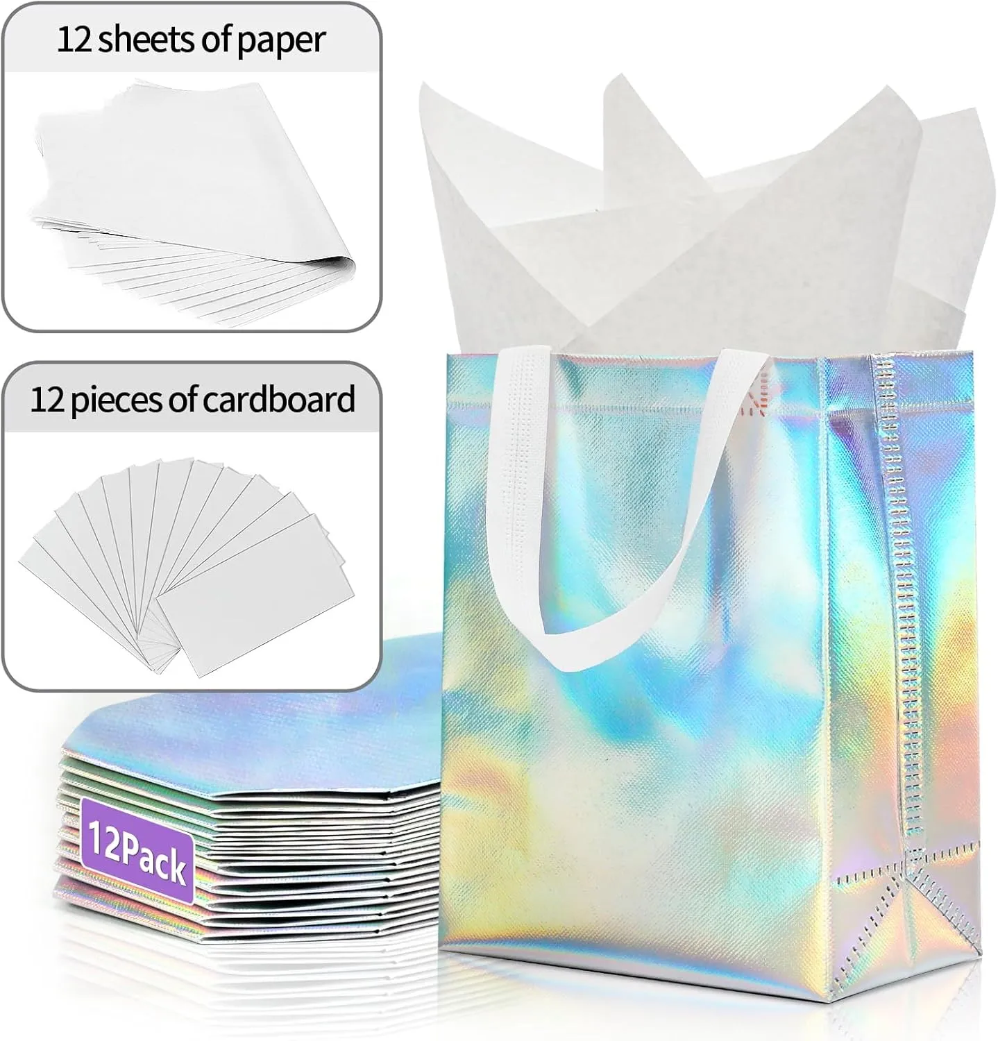 KeerxunBag 12pcs Reusable Gift Bags（Includes Tissue Paper） Gift bag with handle Birthdays Parties Holidays Weddings Medium 10x4x8in holographic Gift Bags