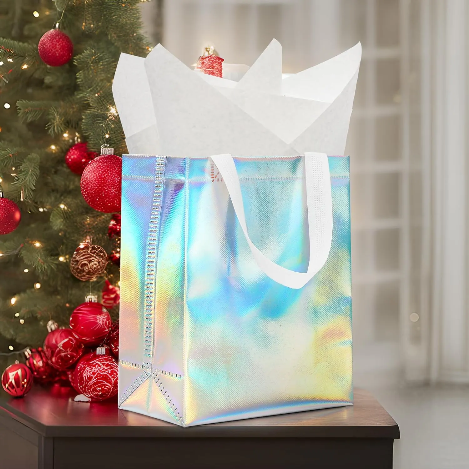 KeerxunBag 12pcs Reusable Gift Bags（Includes Tissue Paper） Gift bag with handle Birthdays Parties Holidays Weddings Medium 10x4x8in holographic Gift Bags