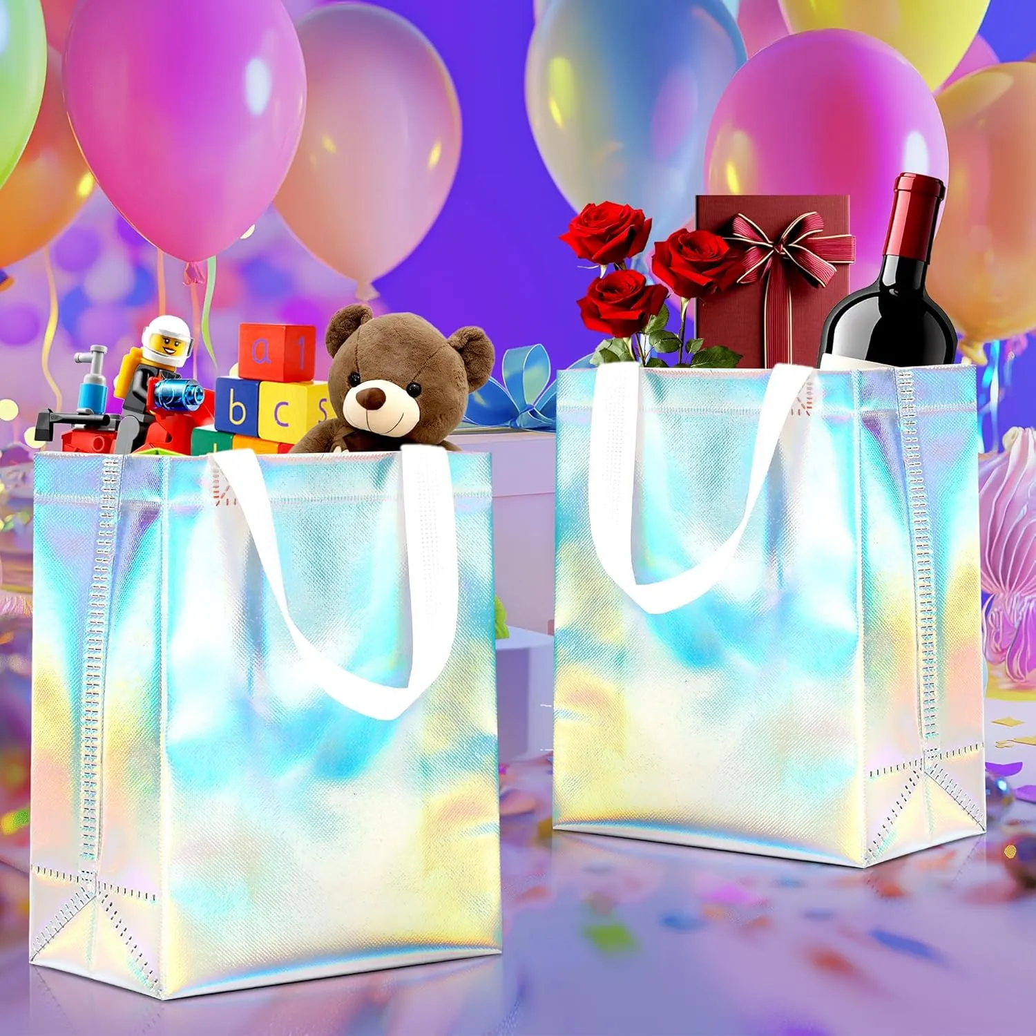 KeerxunBag 12pcs Reusable Gift Bags（Includes Tissue Paper） Gift bag with handle Birthdays Parties Holidays Weddings Medium 10x4x8in holographic Gift Bags