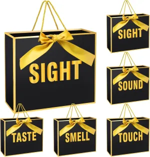 Kolldenn 5 Senses Gift Bags with Ribbon Bow Five Senses Gift Bags Sight Smell Touch Taste Sound Paper Gifts Decorations for Birthday Wedding Anniversary Valentine's Day Graduation Party(Black)