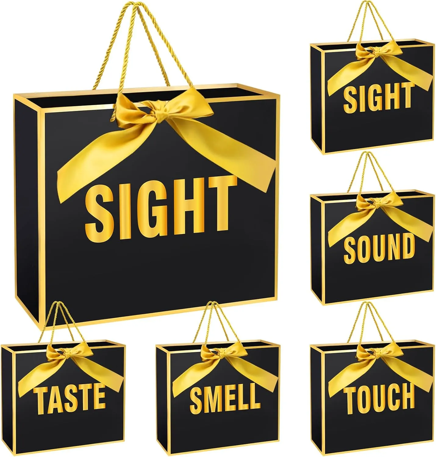 Kolldenn 5 Senses Gift Bags with Ribbon Bow Five Senses Gift Bags Sight Smell Touch Taste Sound Paper Gifts Decorations for Birthday Wedding Anniversary Valentine's Day Graduation Party(Black)
