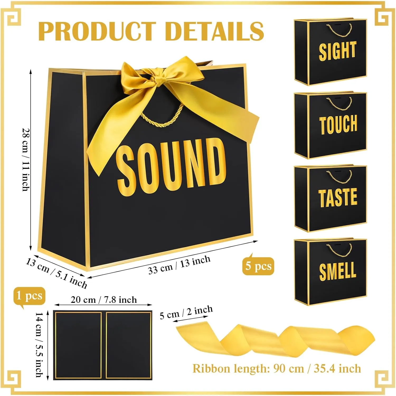 Kolldenn 5 Senses Gift Bags with Ribbon Bow Five Senses Gift Bags Sight Smell Touch Taste Sound Paper Gifts Decorations for Birthday Wedding Anniversary Valentine's Day Graduation Party(Black)