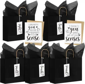 Kolldenn 5 Senses Gift Tags Kraft Paper Bag Set for Husband Wife 5 Sense Gift Bags Tissue Paper Greeting Card label for Him Her Couple Valentine Christmas(12.6 x 4.3 x 9.8 Inch,Black)