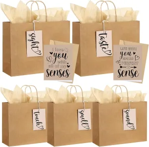 Kolldenn 5 Senses Gift Tags Kraft Paper Bag Set for Husband Wife 5 Sense Gift Bags Tissue Paper Greeting Card label for Him Her Couple Valentine Christmas(Brown,12.6 x 4.3 x 9.8 Inch)
