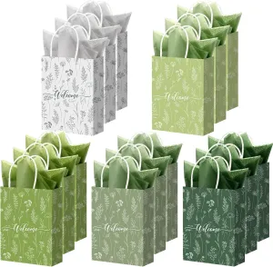 Kolldenn 50 Sets Green Wildflower Gift Bags with Handles Bulk with Tissue Paper,Goodie Bag for Wedding Guest Baby Shower Bridal Birthday Party Favor,8.27 x 5.91 x 3.15