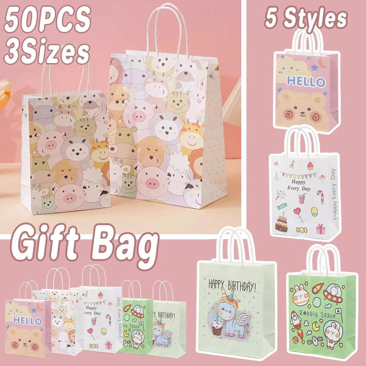 Kraft Paper Bags with Colourful Cartoon 50PCS