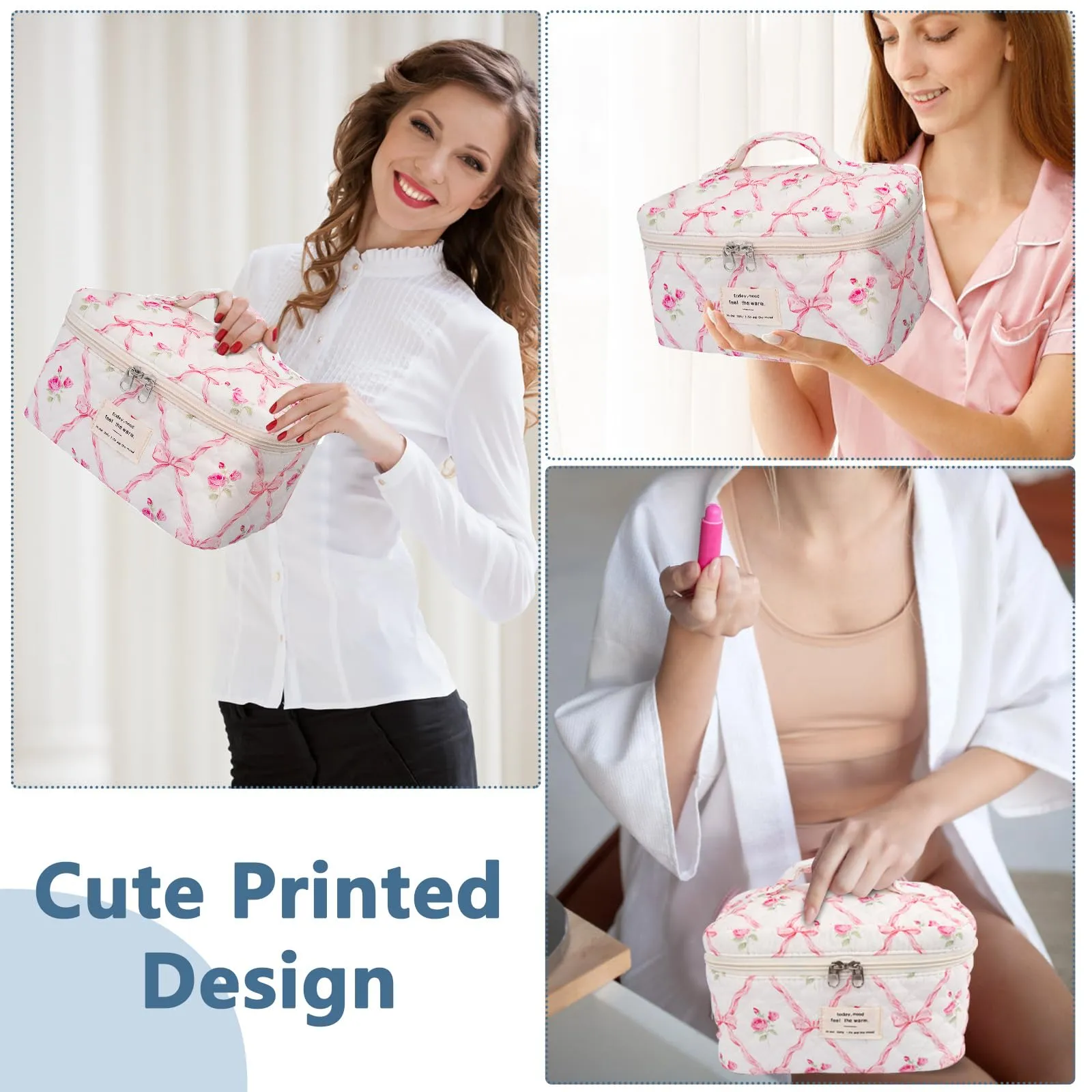 Large Makeup Bag, Cute Cosmetic Bag for Women Girls, Floral Coquette Aesthetic Toiletry Bag, Travel Make Up Organizer Bag (Pink Butterfly)