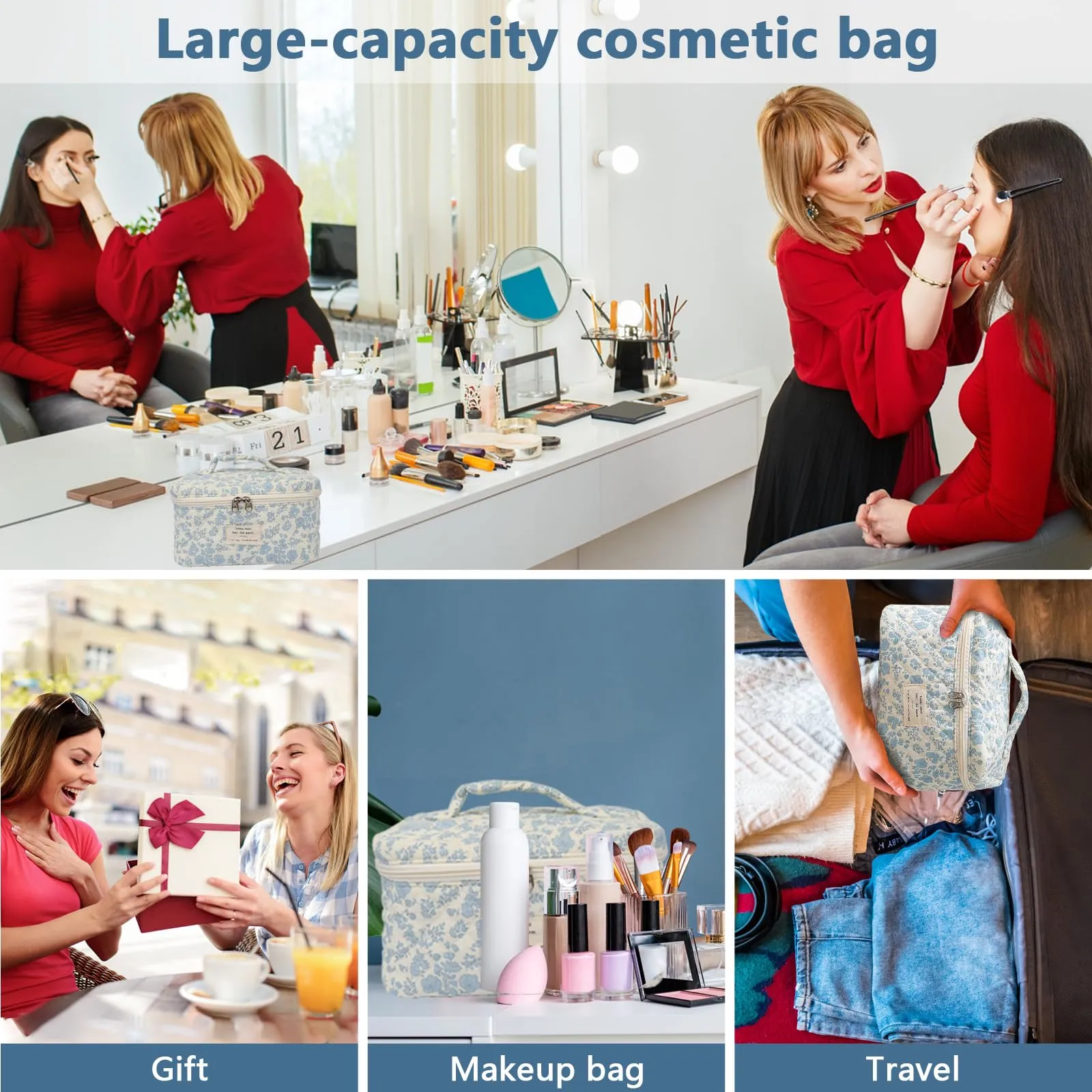Large Makeup Bag, Cute Cosmetic Bag for Women Girls, Floral Coquette Aesthetic Toiletry Bag, Travel Make Up Organizer Bag (Pink Butterfly)