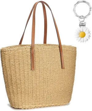 Large Straw Beach Bag for Women Summer Tote Bags Shoulder Handbags Woven Straw Totes-Perfect for Vacations and Outings