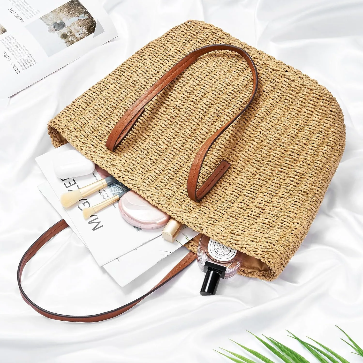 Large Straw Beach Bag for Women Summer Tote Bags Shoulder Handbags Woven Straw Totes-Perfect for Vacations and Outings