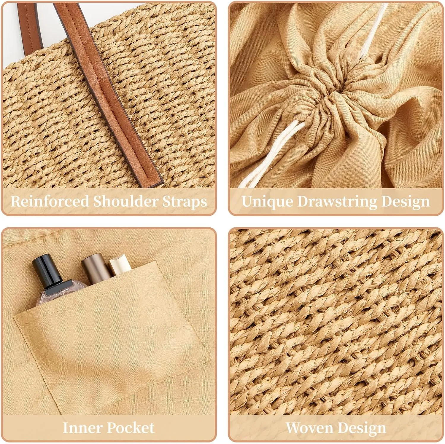 Large Straw Beach Bag for Women Summer Tote Bags Shoulder Handbags Woven Straw Totes-Perfect for Vacations and Outings