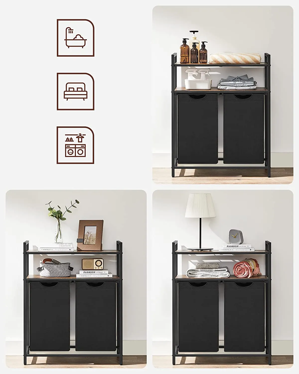 Laundry Basket With 2 Compartments, 2 Shelves - Brown