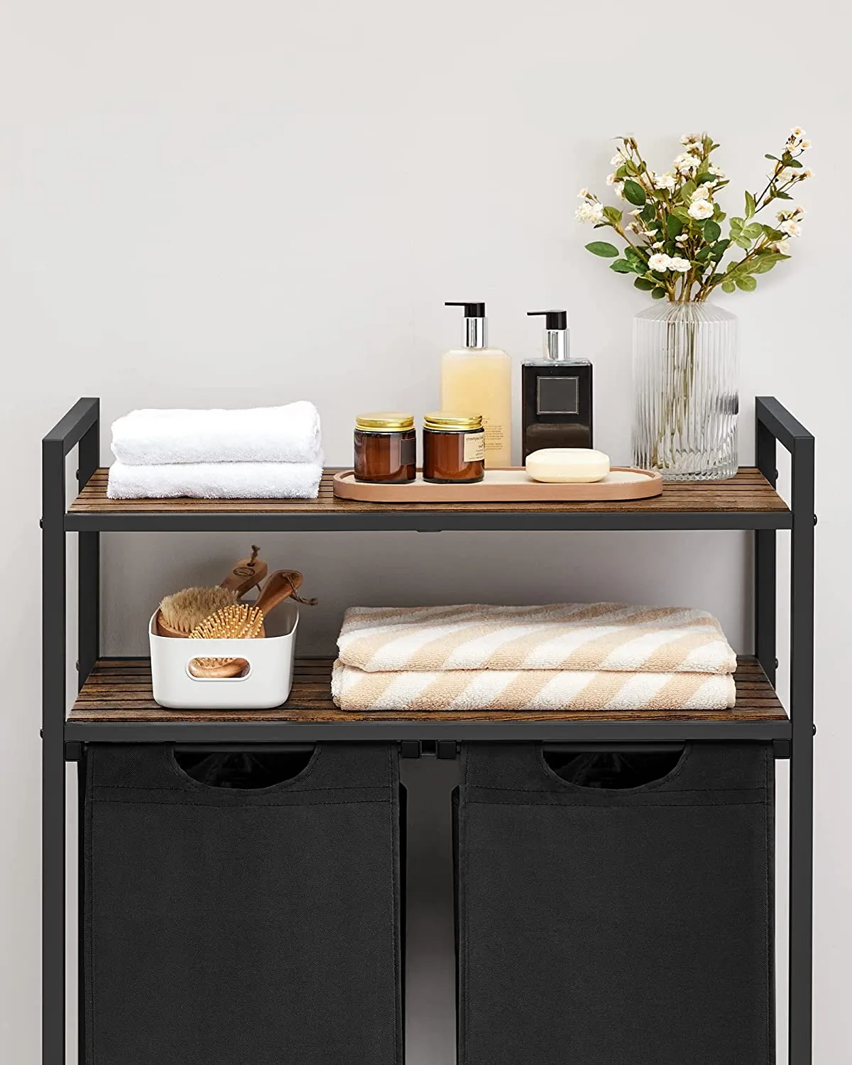 Laundry Basket With 2 Compartments, 2 Shelves - Brown