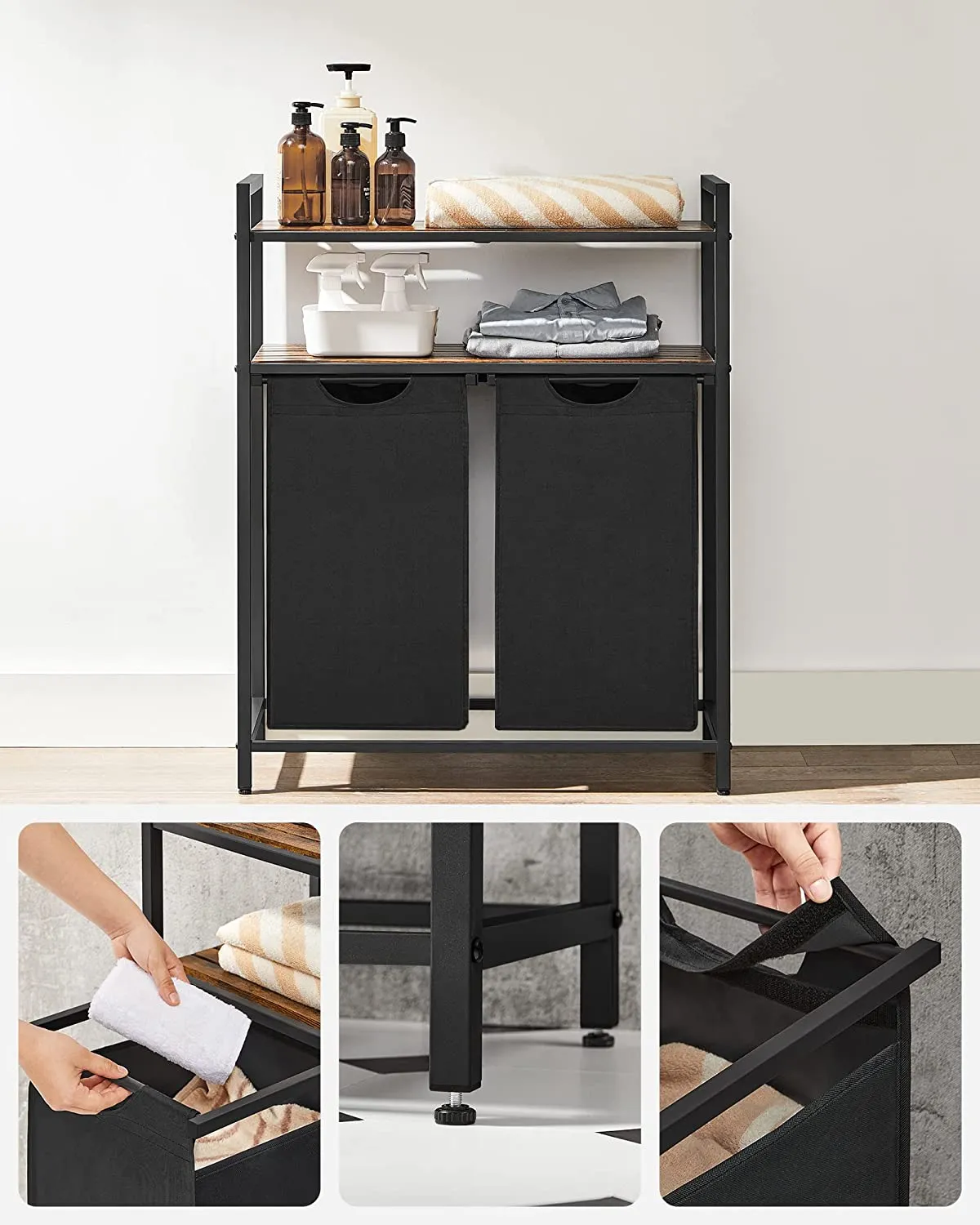 Laundry Basket With 2 Compartments, 2 Shelves - Brown
