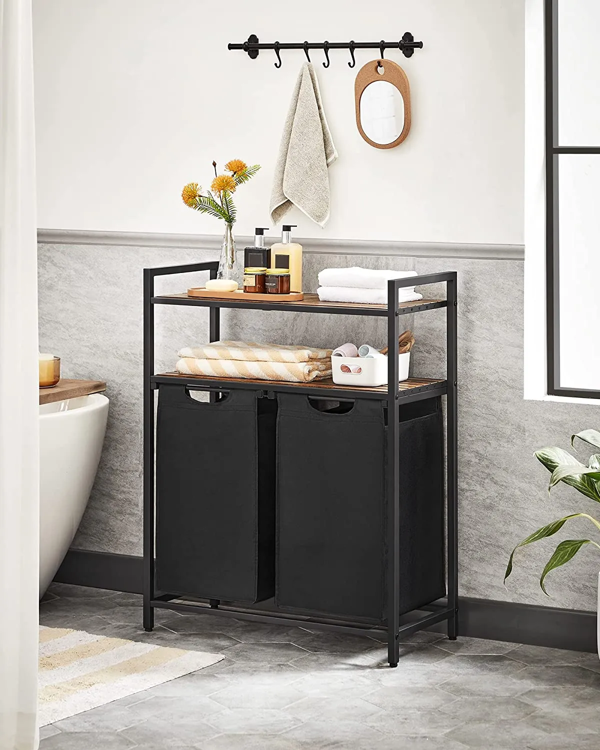 Laundry Basket With 2 Compartments, 2 Shelves - Brown