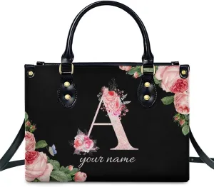 Leather Initial Handbags for Women Ladies Monogram Tote Bag Satchel Top Handle Shoulder Crossbody Bags for Work Outdoor